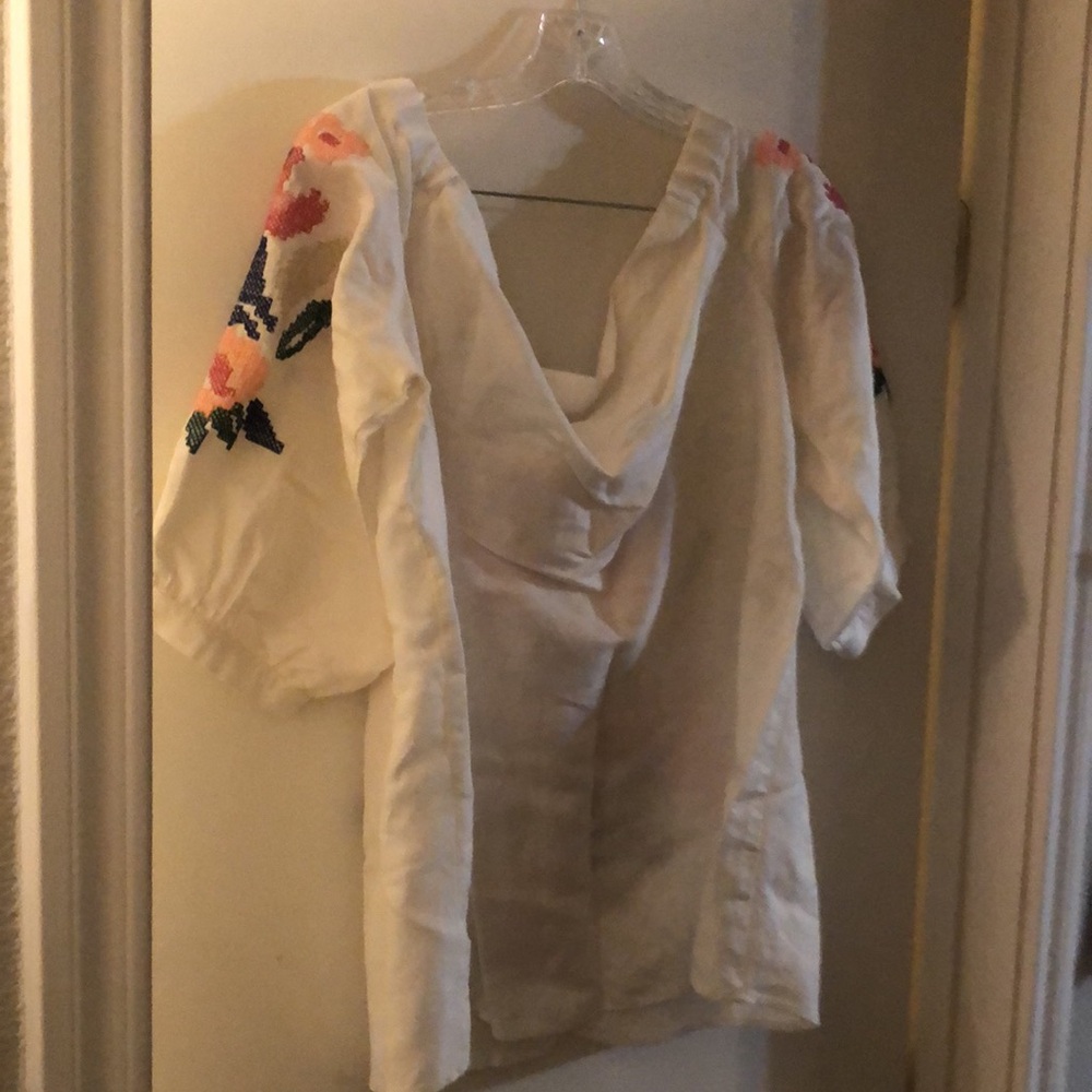 Ann Taylor, New, White Off Shoulder Linen Blend Embroidered Floral Top, XL - Picture 4 of 6